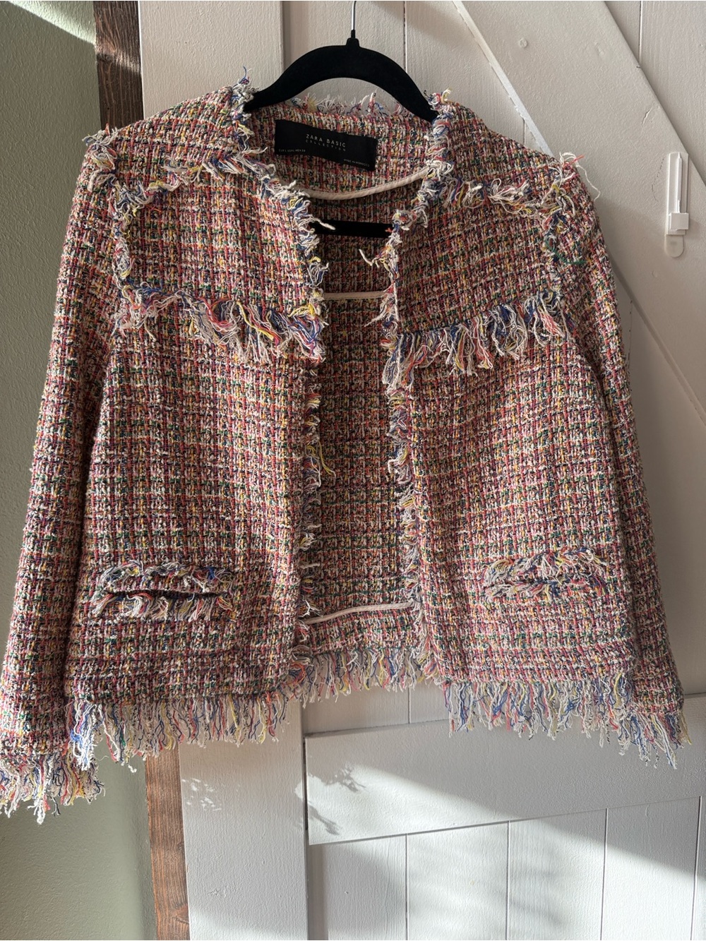 Zara Pink Multicolor Fringe Tweed Jacket